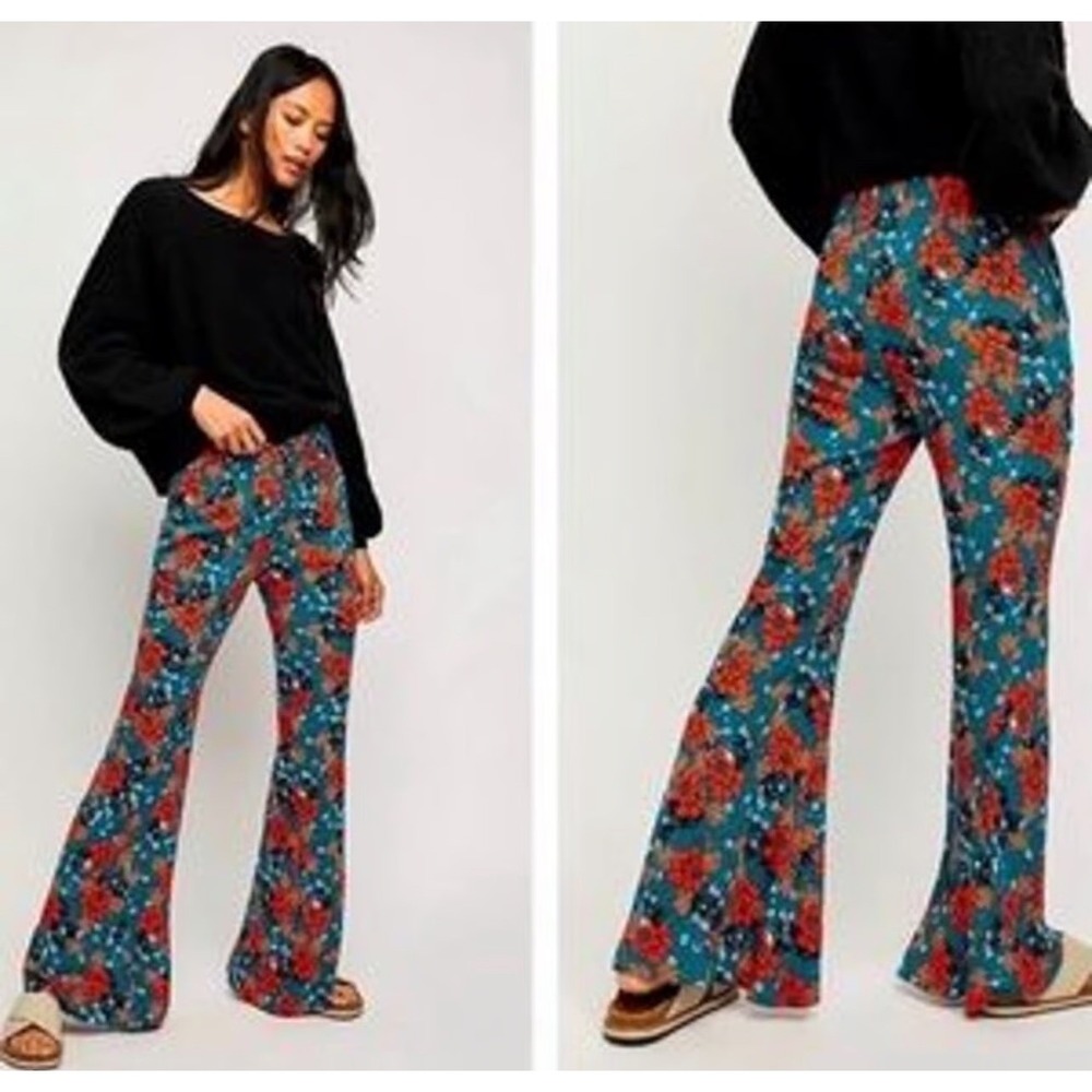 Free People Penny Pull On Flare Pants Teal Floral High Rise Bell Bottoms Boho